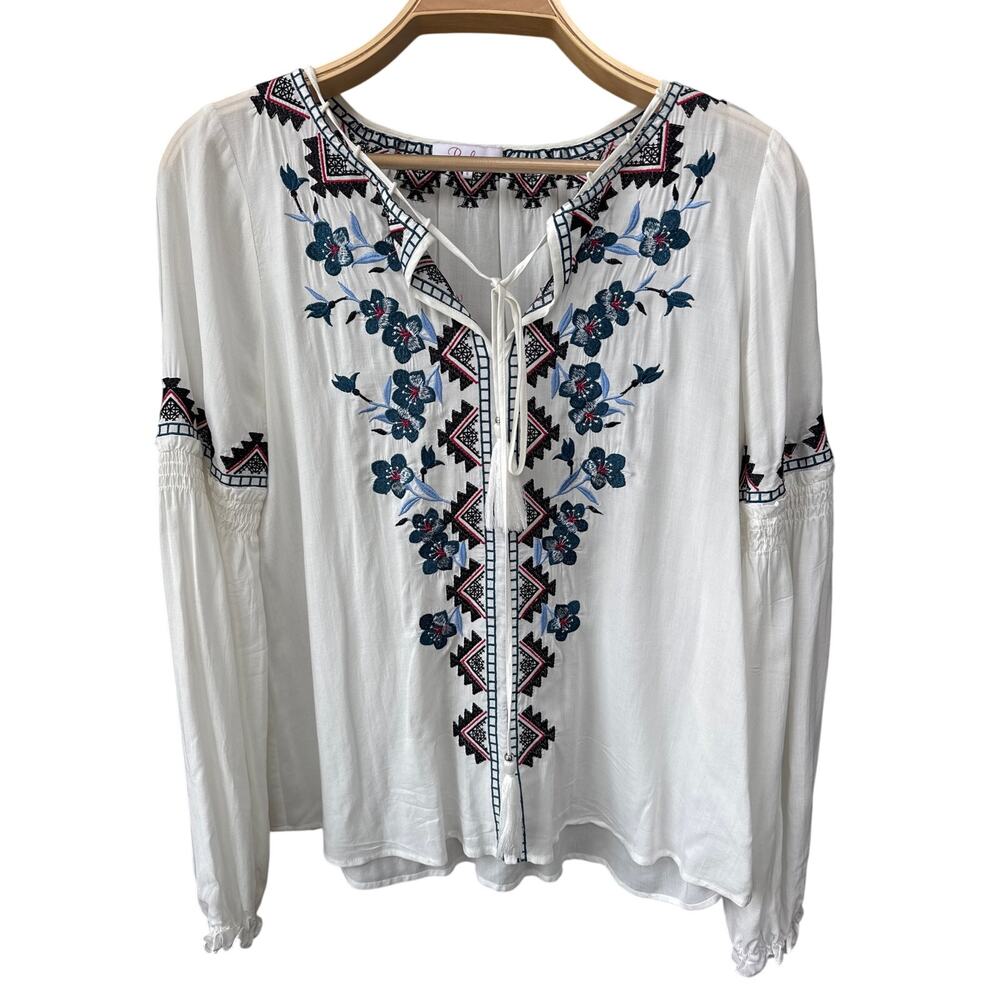 Parker Women’s Small White Embroidered Boho Peasant Blouse Tassel Tie Rayon